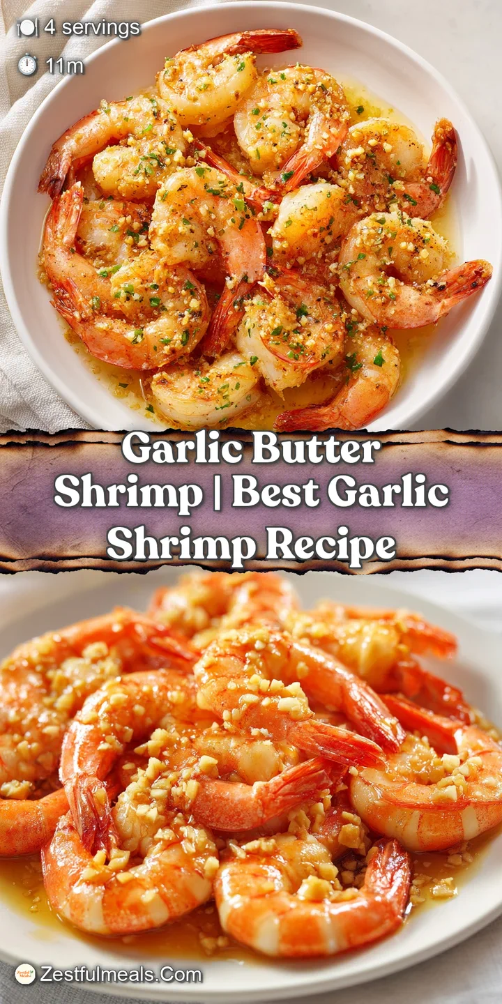 Close-up of succulent, curled shrimp coated in a glossy garlic butter glaze with flecks of toasted garlic and herbs.