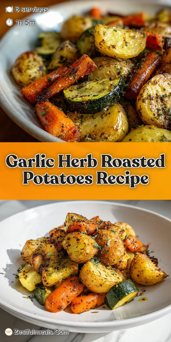 Close-up of crispy roasted potatoes, vibrant herbs, and garlic cloves. Visual cues highlight crispy, golden-brown, texture...