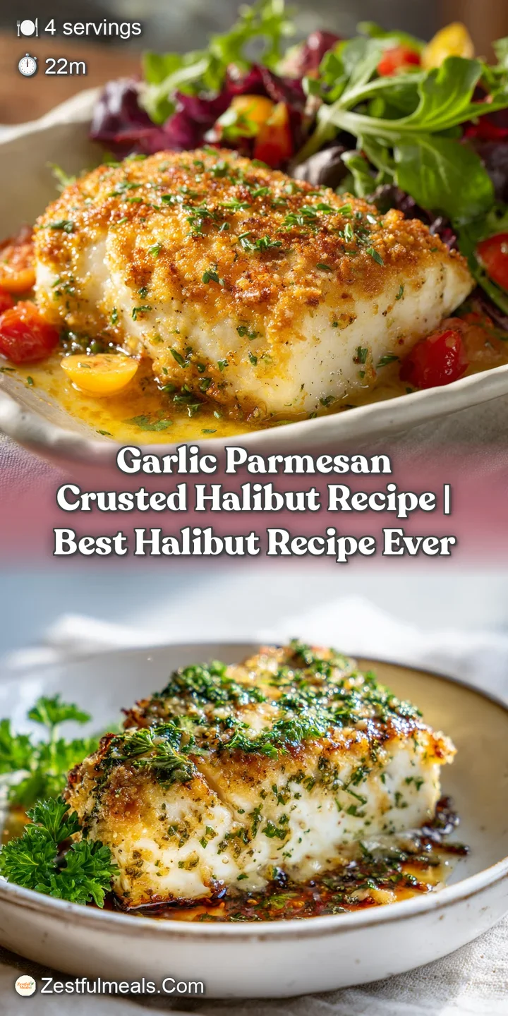 Close-up showcases the golden, bubbly crust of the halibut, speckled with garlic and Parmesan, hinting at its savory, flav...