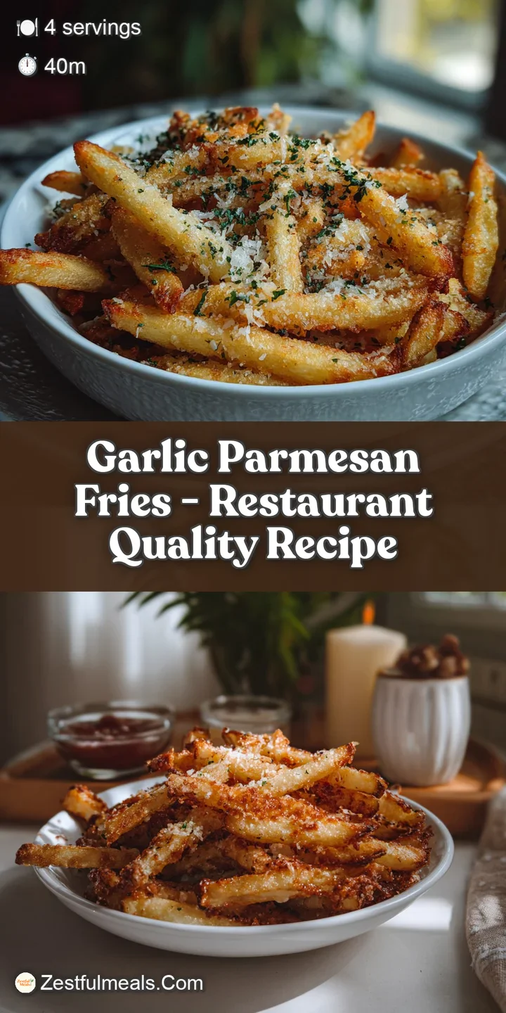 Close-up captures the irresistible texture of crispy fries coated in parmesan and garlic. Hints of herbs and browned butte...