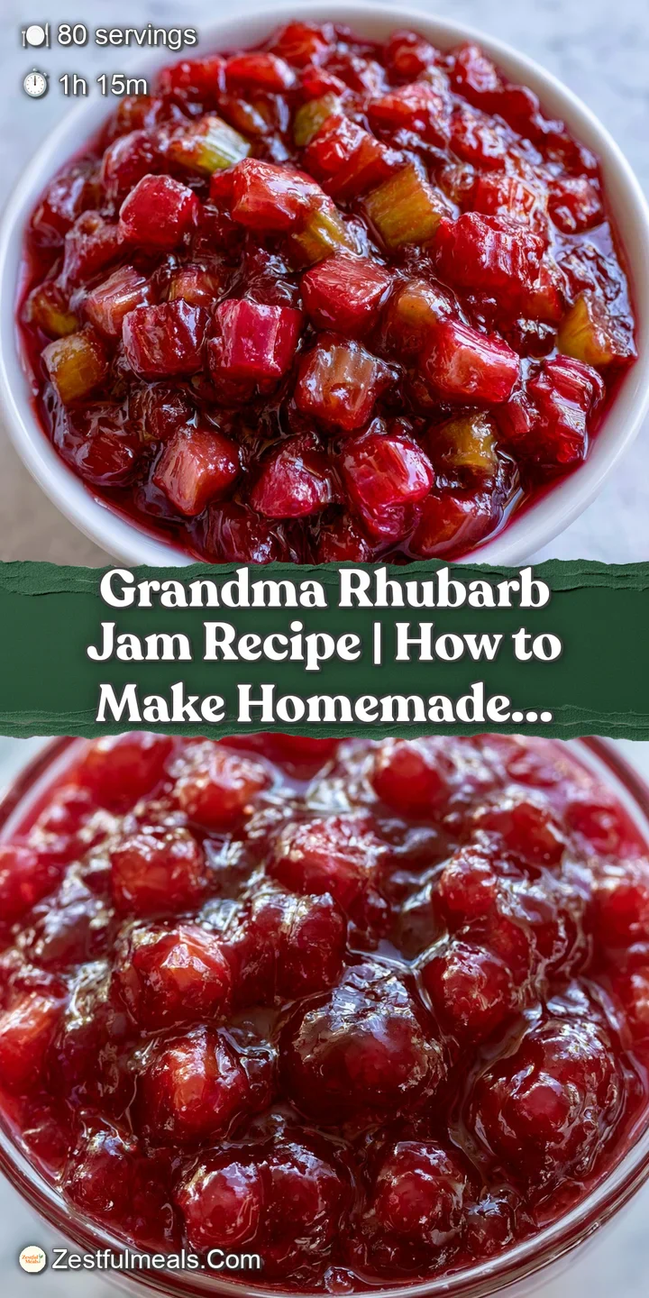 Extreme close-up of translucent, ruby-red jam with shimmering glazes and small, soft pieces of cooked rhubarb.
