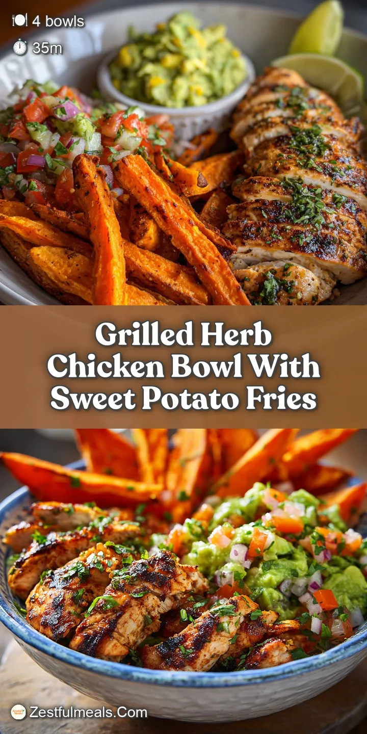 Close-up of grilled chicken & sweet potato fries glistening with herb oil, creamy sauce, and flecks of herbs. Warm, inviti...