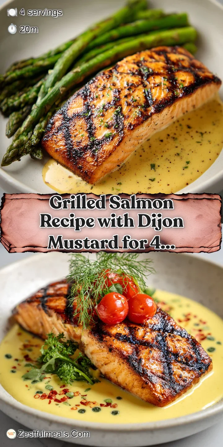 Close-up of juicy grilled salmon, glistening with Dijon mustard. Hints of fresh herbs and appealing char marks visible.