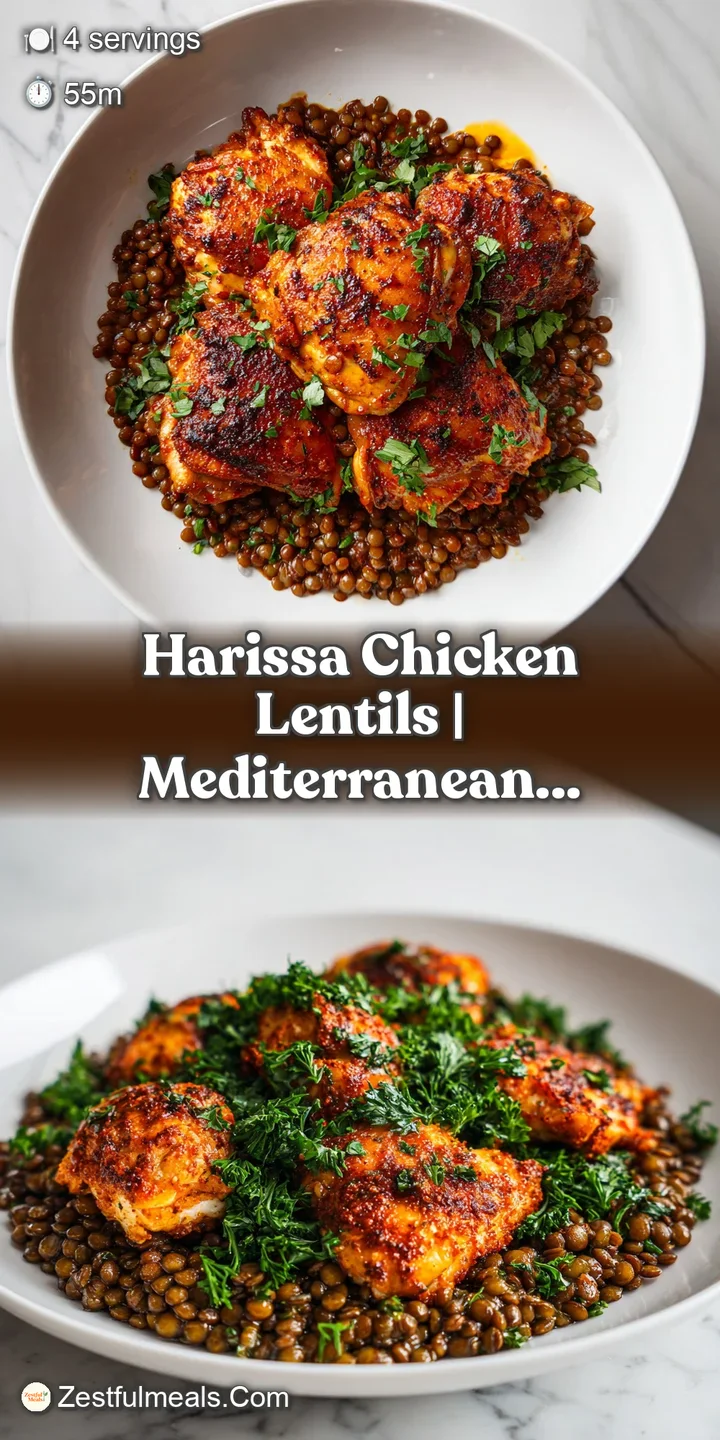 Macro shot of tender chicken and soft lentils coated in a glossy, spicy red harissa sauce with fresh herbs.