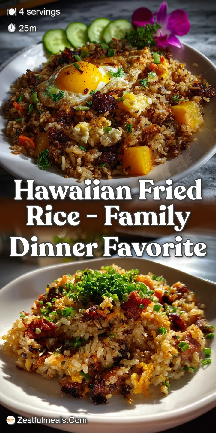 Close-up of golden-brown rice with visible pieces of juicy pineapple and ham, hinting at a sweet and savory taste.