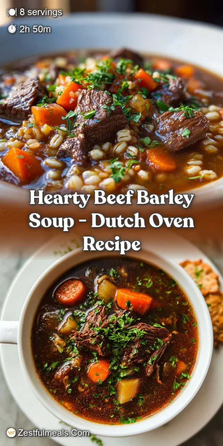 Up-close beef barley soup. Pearled barley, tender beef chunks & colorful diced vegetables swim in savory dark brown broth.