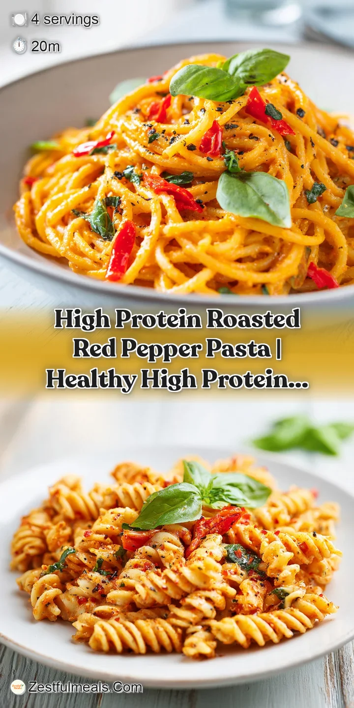 Close-up of al dente pasta coated in a thick, velvety red pepper sauce, with hints of roasted char.