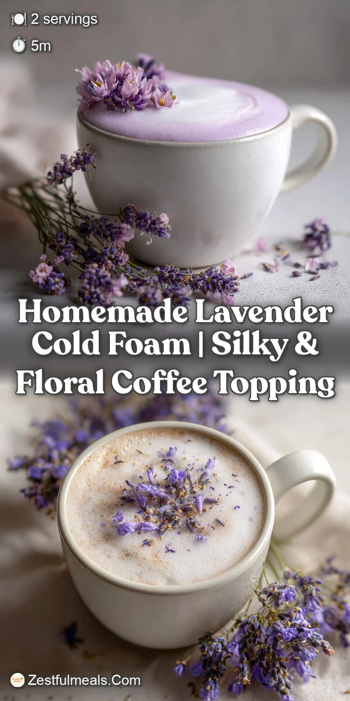 Close-up of lavender cold foam: Thick, swirling, airy. Purple hues intermingle with the beverage below, enticing the eye w...