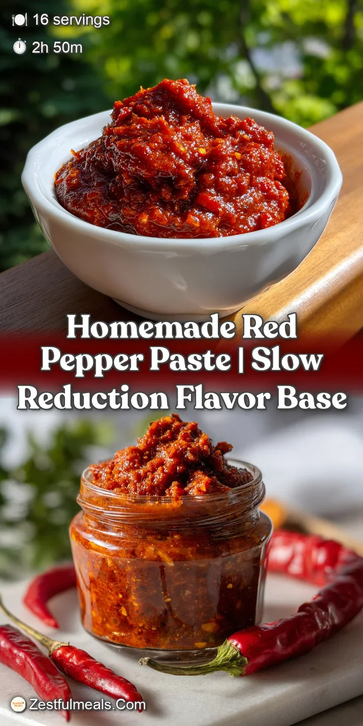 Close-up of the glossy, deep red paste showcasing the rich color and slight roughness. Hints of bubbling oil, promising a ...