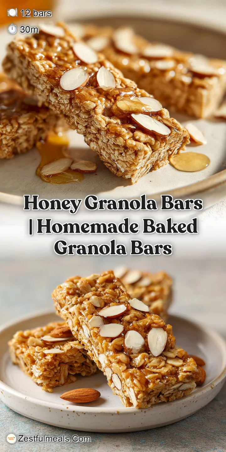 Close-up of crunchy rolled oats and slivered almonds bound together by a thick, glossy, amber-colored honey syrup.