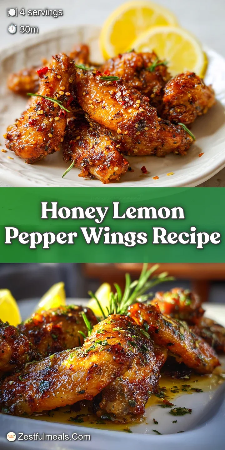 Close-up of a perfectly baked chicken wing. Shiny, sticky honey glaze and cracked black pepper visible on the crispy skin.