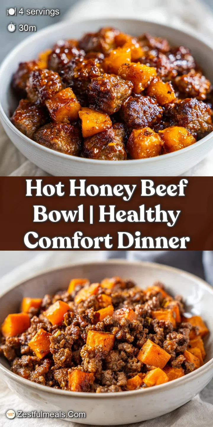 Macro shot of tender beef chunks coated in a shimmering honey glaze, sprinkled with toasted sesame and green herbs.