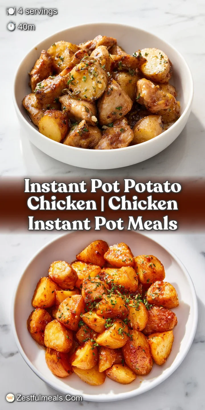 Extreme close-up of succulent, moist chicken and soft potatoes coated in a shimmering, herb-flecked savory glaze.