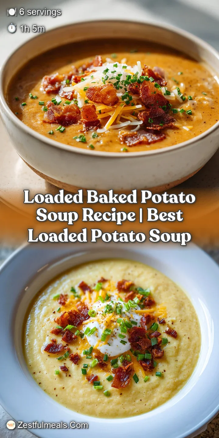 Close-up of a steaming spoonful of baked potato soup, revealing tender potato chunks and melted cheese.