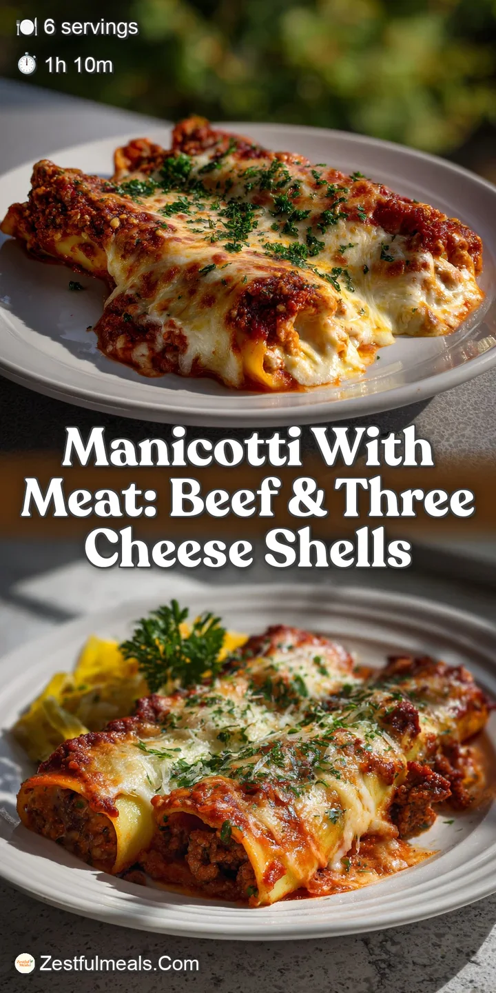 Close-up of a steaming manicotti. The rich, meaty filling oozes, mingling with the glossy, deep red tomato sauce.