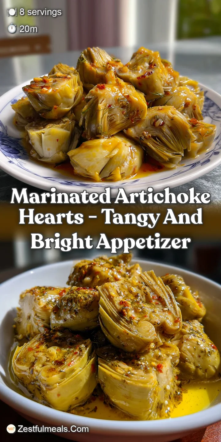 Close-up shot of tender artichoke hearts, glistening with marinade. Rich green hues and soft textures create an appetizing...