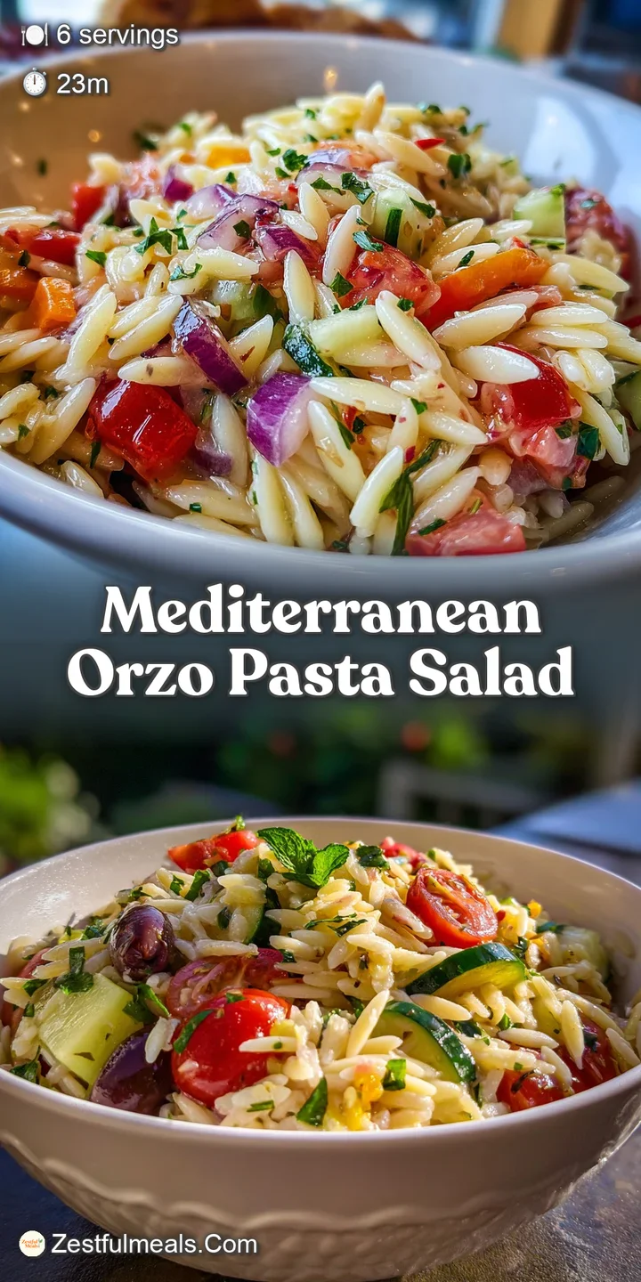 Close-up of glistening orzo pasta salad showcasing the plump orzo, juicy tomatoes, and crisp vegetables. A burst of fresh ...