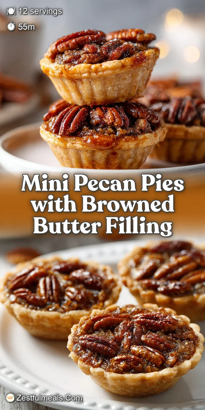 Close-up of a mini pecan pie: toasted pecans nestled in a sweet, sticky maple filling, with a buttery, golden crust.