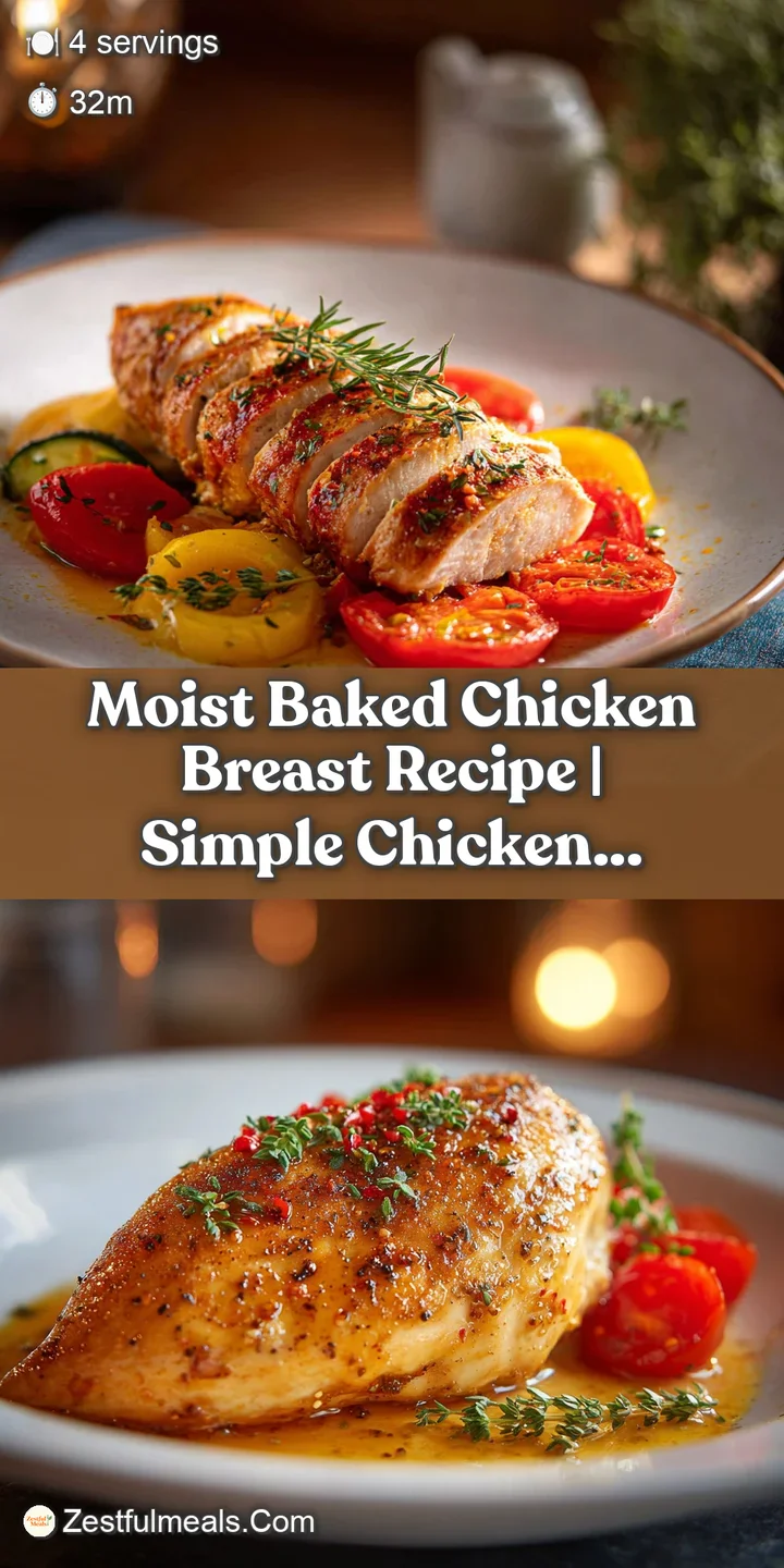 Close-up of a juicy, tender baked chicken breast; browned edges and glistening surface showcase the deliciousness.