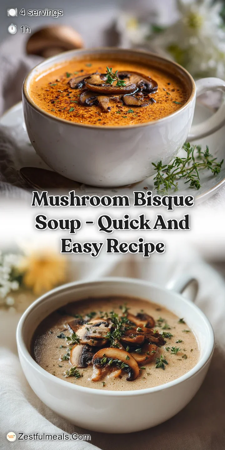 Close-up of rich, velvety mushroom bisque. Glistening droplets of olive oil and chopped herbs highlight the soup's savory ...
