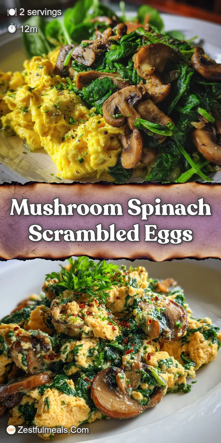Close-up of creamy scrambled eggs, studded with vibrant spinach and tender mushrooms, promising a savory and satisfying bite.