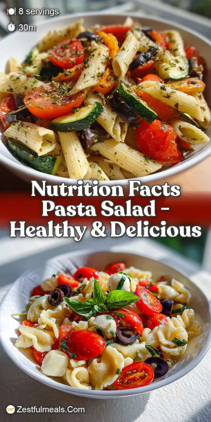 Close-up of a delicious pasta salad showing tender pasta, crisp vegetables, and creamy feta with a tangy dressing clinging...