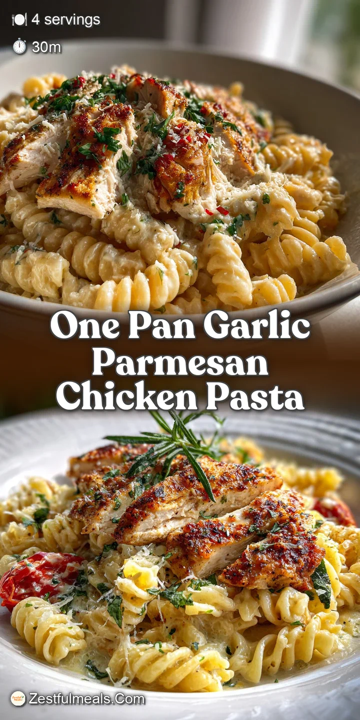 Close-up of tender chicken and creamy pasta, glistening with garlic parmesan sauce. Fresh herbs provide a pop of color.