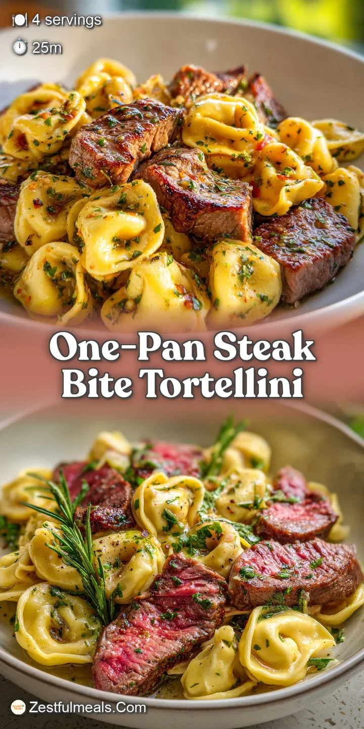 Close-up of tender steak bites and plump tortellini coated in a rich, creamy sauce. Fresh spinach adds pops of vibrant gre...