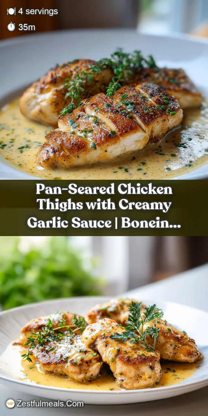 Close-up of succulent, seared chicken thigh with a glossy, herb-flecked creamy garlic sauce.