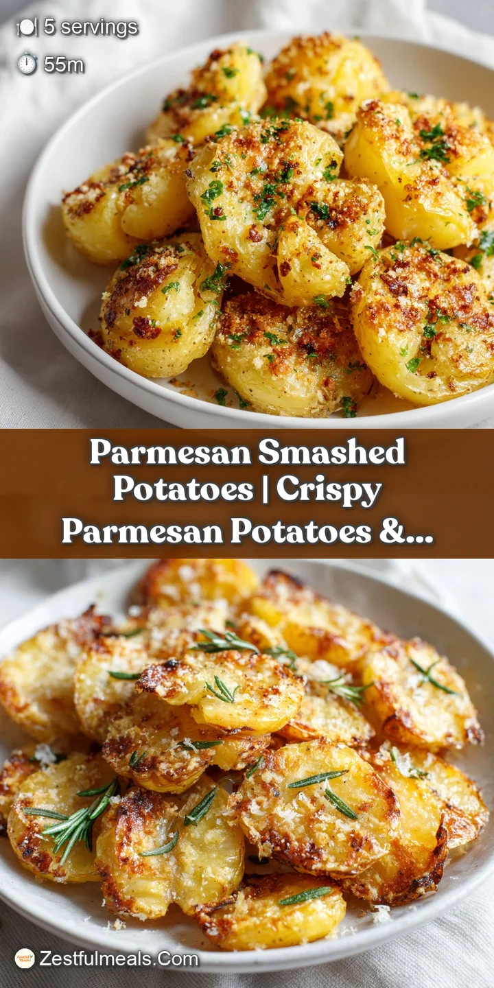 Close-up of deeply golden, crispy-edged smashed potato halves, revealing a fluffy interior and melted Parmesan.