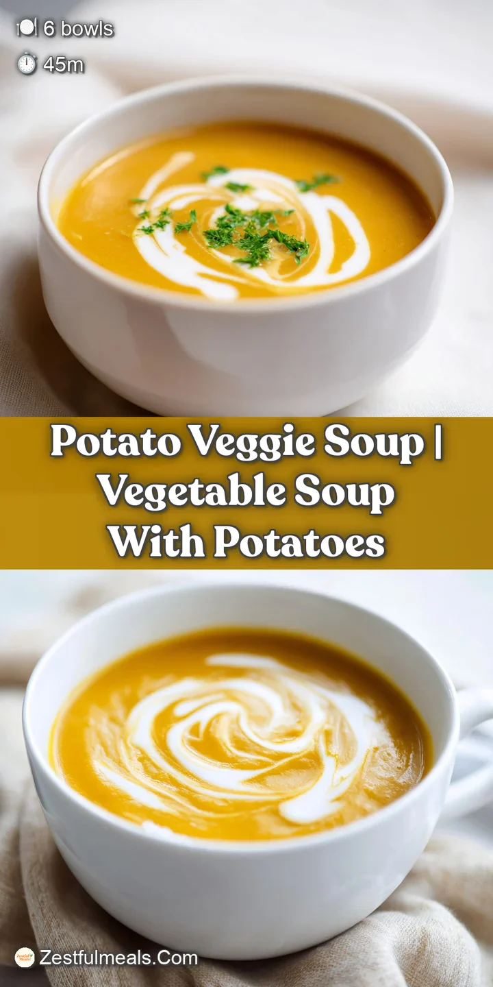 Close-up of tender potato chunks and vibrant orange carrots simmering in a rich, creamy golden vegetable broth.