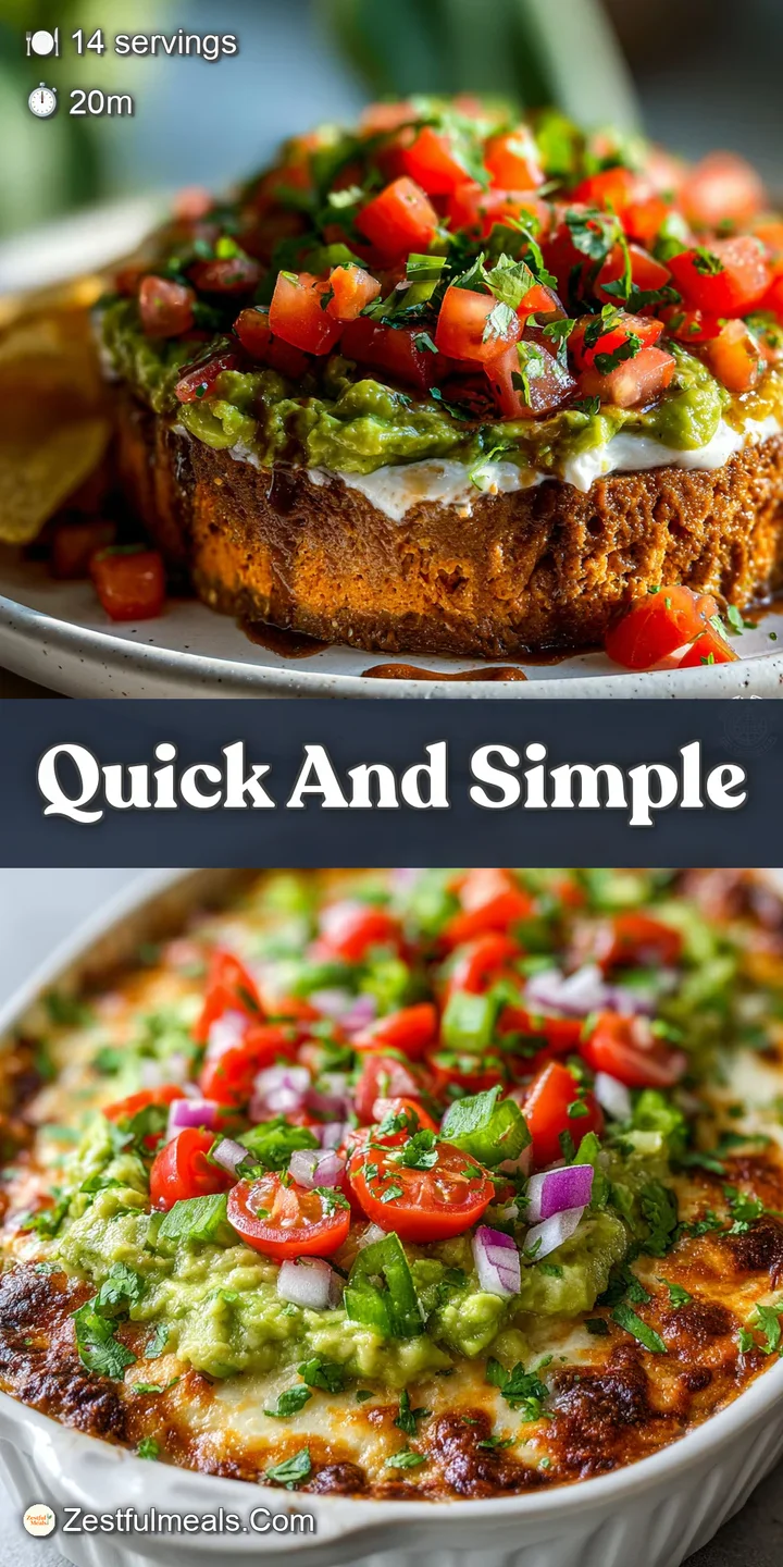 Close-up shot of 7-layer dip, highlighting textures: smooth guacamole, creamy sour cream, vibrant salsa, and melted cheese.