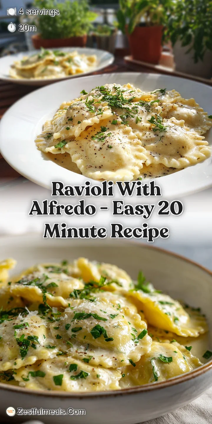 Close-up shows pillowy ravioli glistening with garlic Alfredo sauce, invitingly rich and creamy. Freshly ground black pepp...