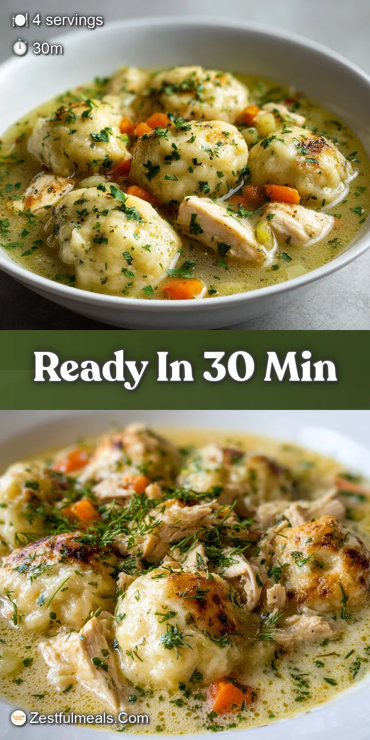 Close-up shot of chicken and dumplings. Tender chicken pieces & soft dumplings glistening in a rich, creamy broth. Fresh h...