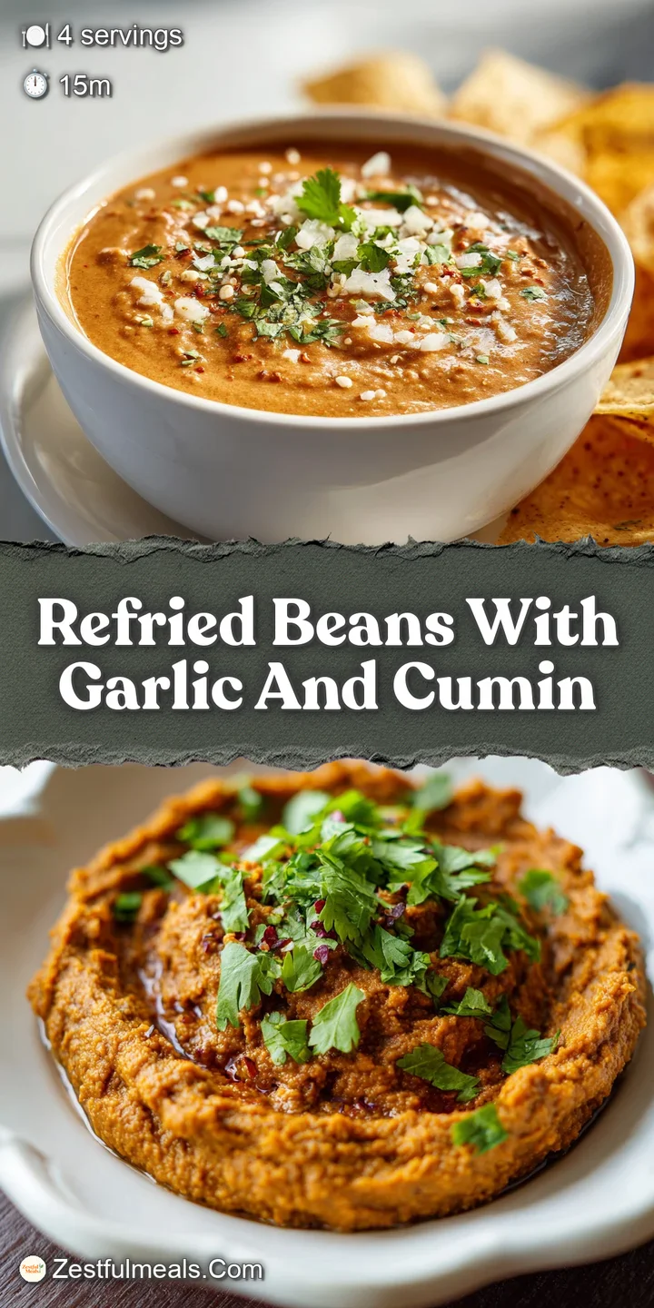 Close-up of rich, dark brown refried beans, glistening with subtle sheen. Visible hints of garlic and cumin add visual depth.