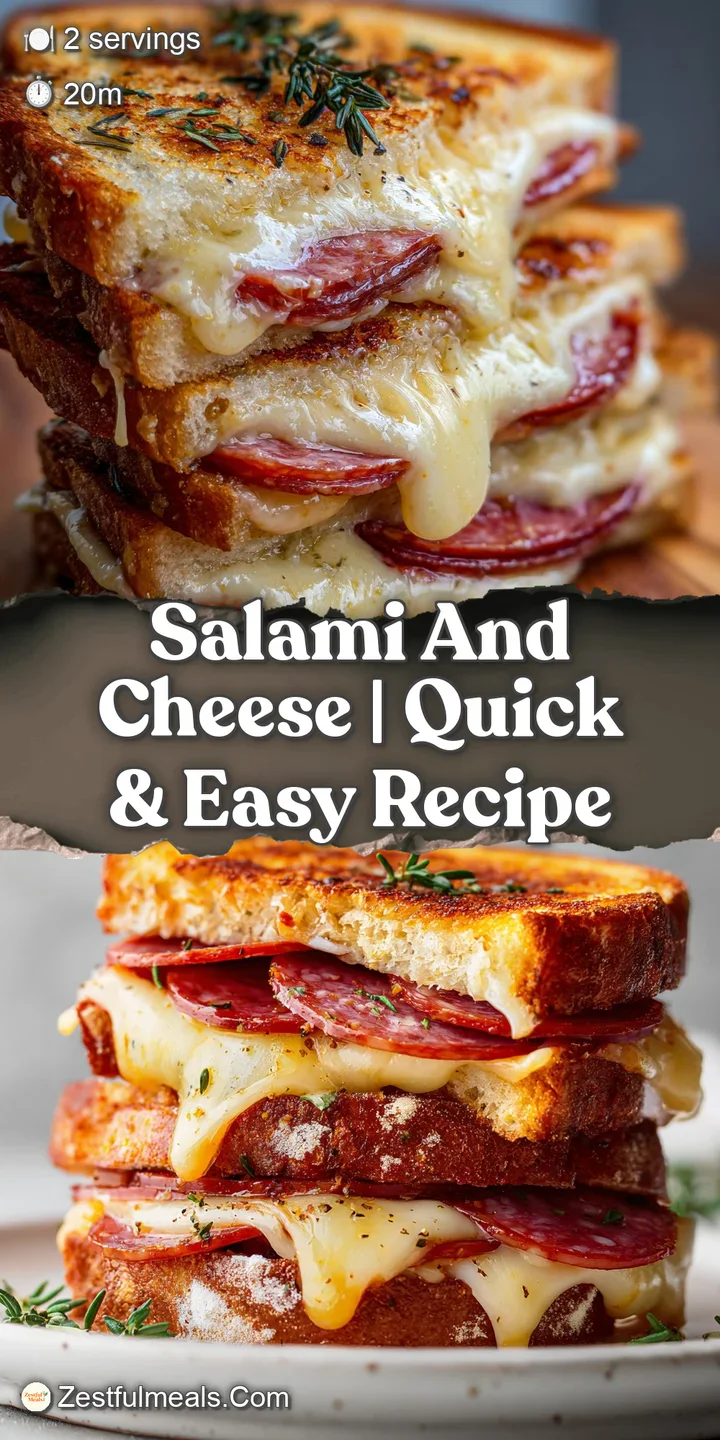 Close-up on a salami and cheese sourdough bite. The melted cheese stretches invitingly, with herbs sprinkled on top. Golde...