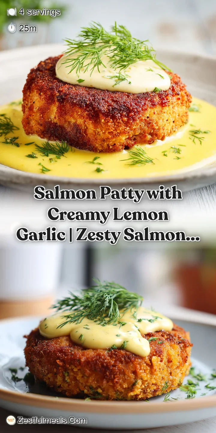 Close-up of a golden-brown salmon patty with a tender interior, bathed in rich, creamy lemon garlic sauce.