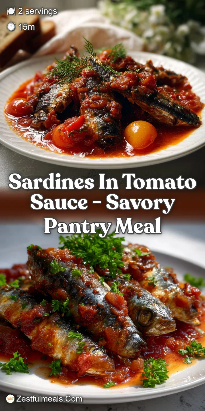 Close-up of flaky sardines glistening with oil, swimming in a thick, savory tomato sauce, with flecks of herbs and a hint ...