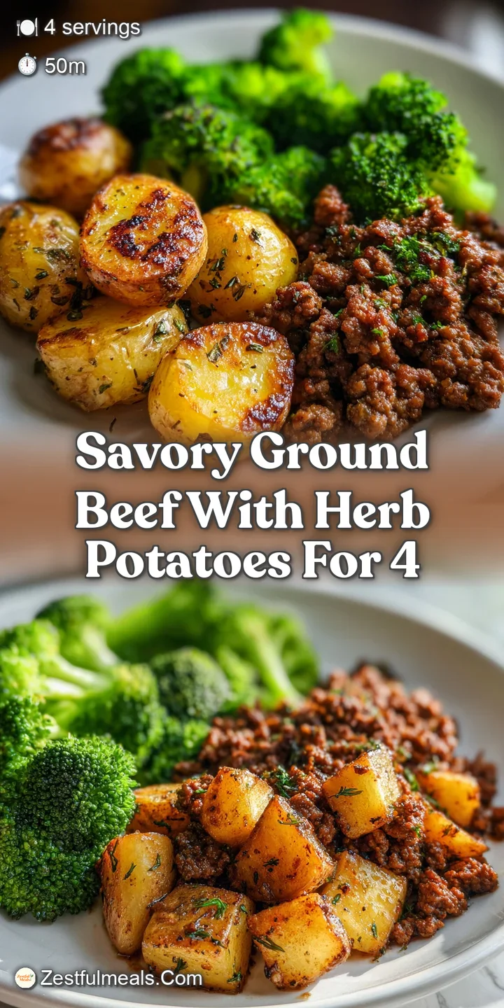 Close-up of juicy ground beef crumbles with fragrant herbs amidst tender roasted potatoes, conveying a delicious, savory a...