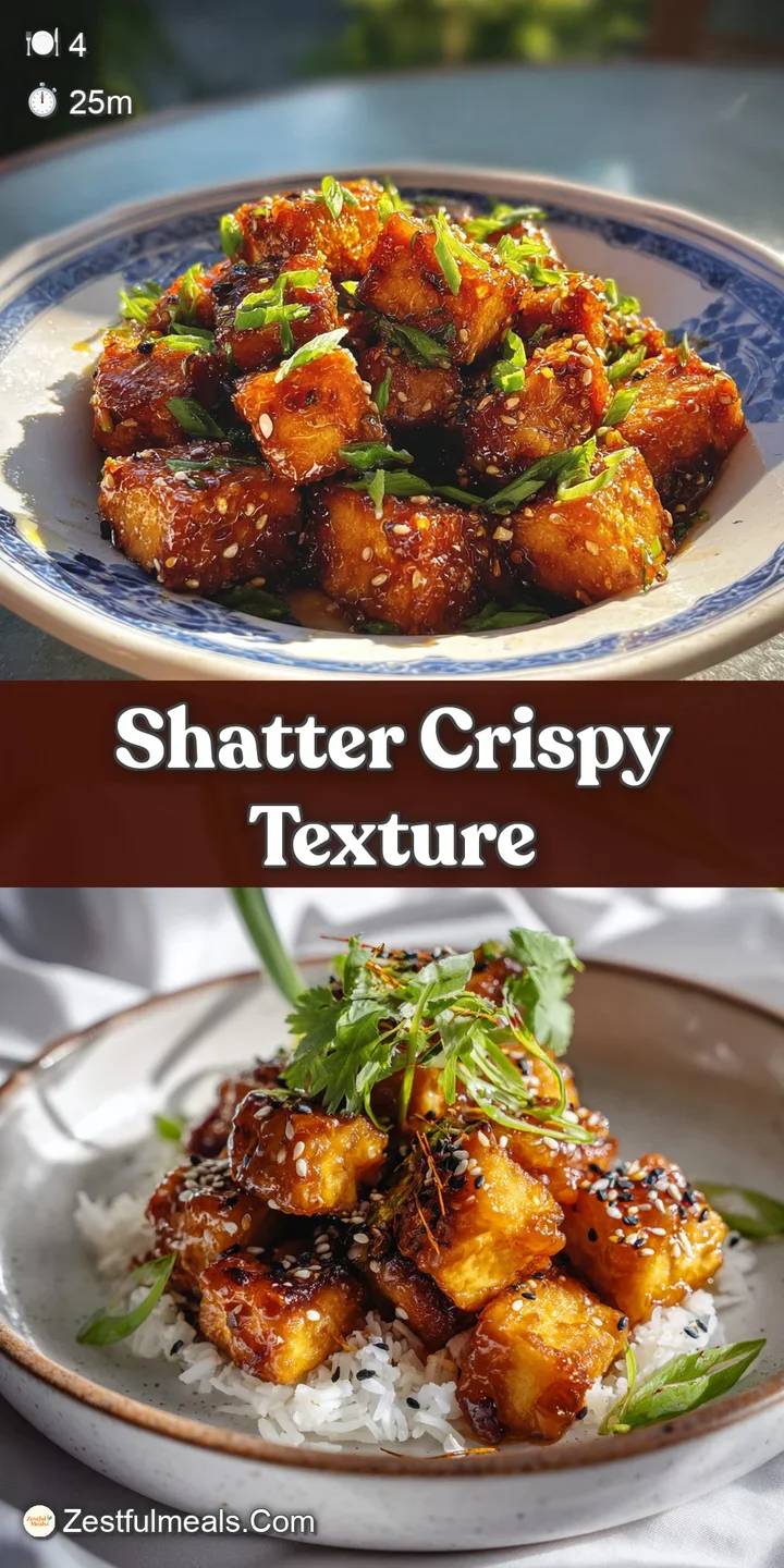 Close-up of a single crispy honey garlic tofu cube, the sticky glaze catching the light, revealing a delectable caramelize...