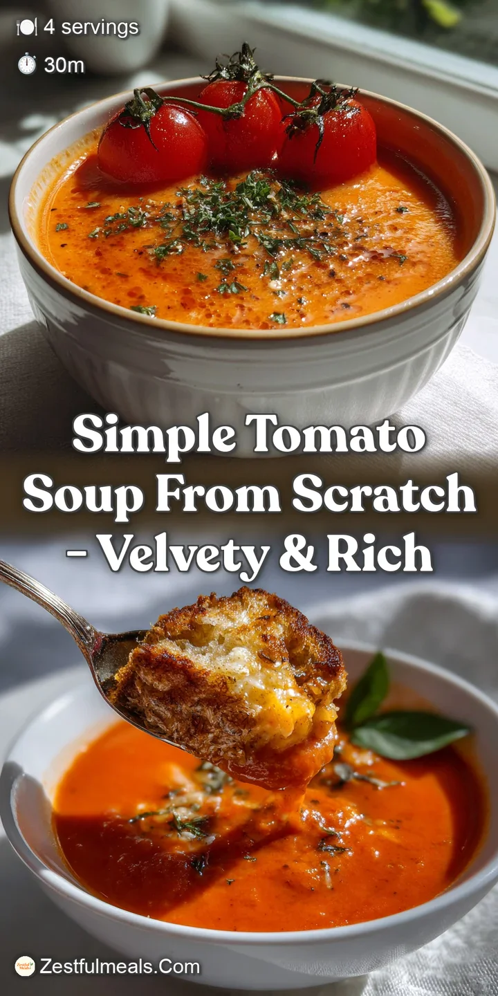 Close-up of a velvety tomato soup's texture, showcasing its rich red hue and subtle sheen with fresh basil garnish.