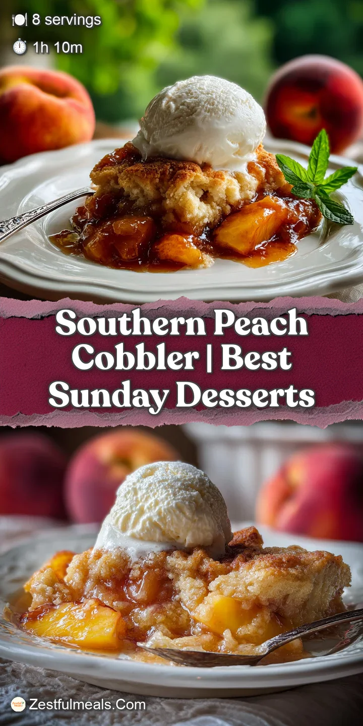 Close-up reveals the cobbler's flaky, golden crust, glistening with peach juices, offering a tempting glimpse of sweet des...