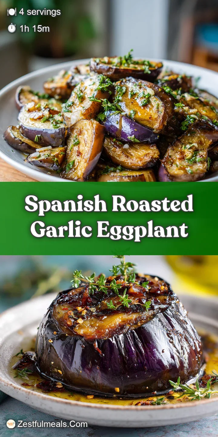 Close-up of caramelized roasted eggplant, revealing soft texture, infused with golden garlic and bright green herb flecks.