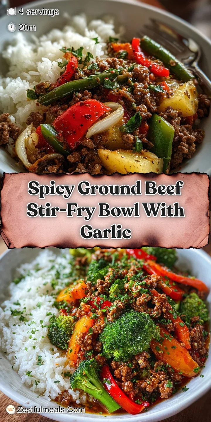 Fragrant steam rises from a bowl of savory ground beef stir-fry. Garlic-glazed vegetables glisten. Red pepper flakes add s...