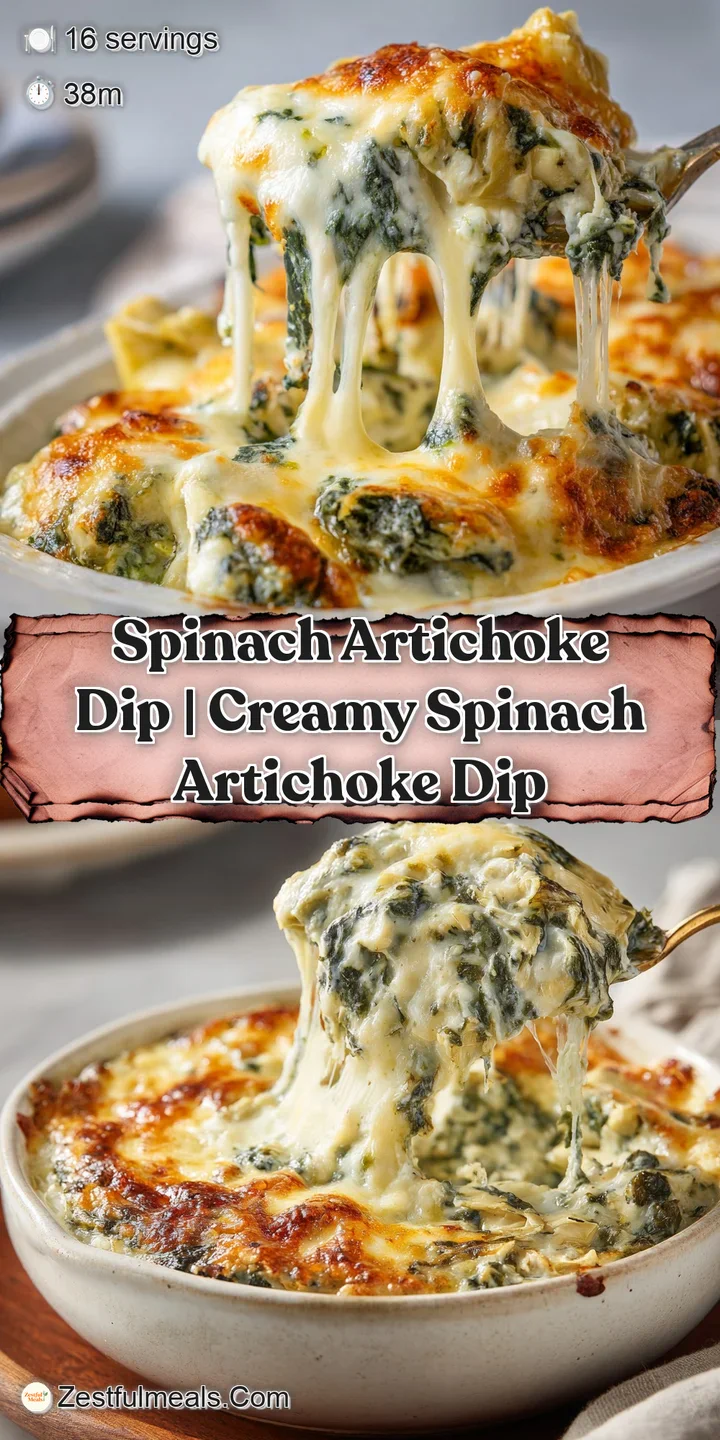 Close-up of a toasted chip lifting a gooey, melted scoop of cheesy dip with tender chunks of artichoke hearts.