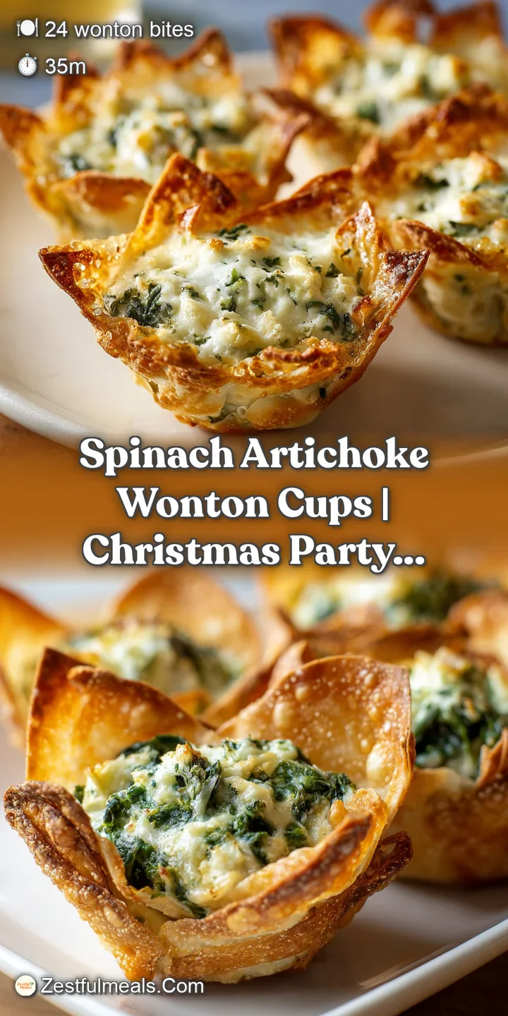 Close-up of a toasted wonton cup showing gooey melted cheese and tender spinach mixed with hearty artichoke chunks.
