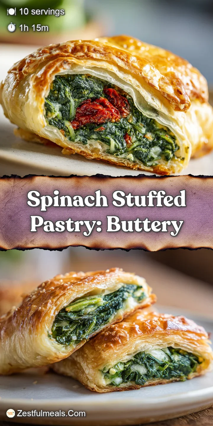 Close-up of a golden, crispy pastry revealing a bright green, lush spinach filling. Visually inviting and savory delight.