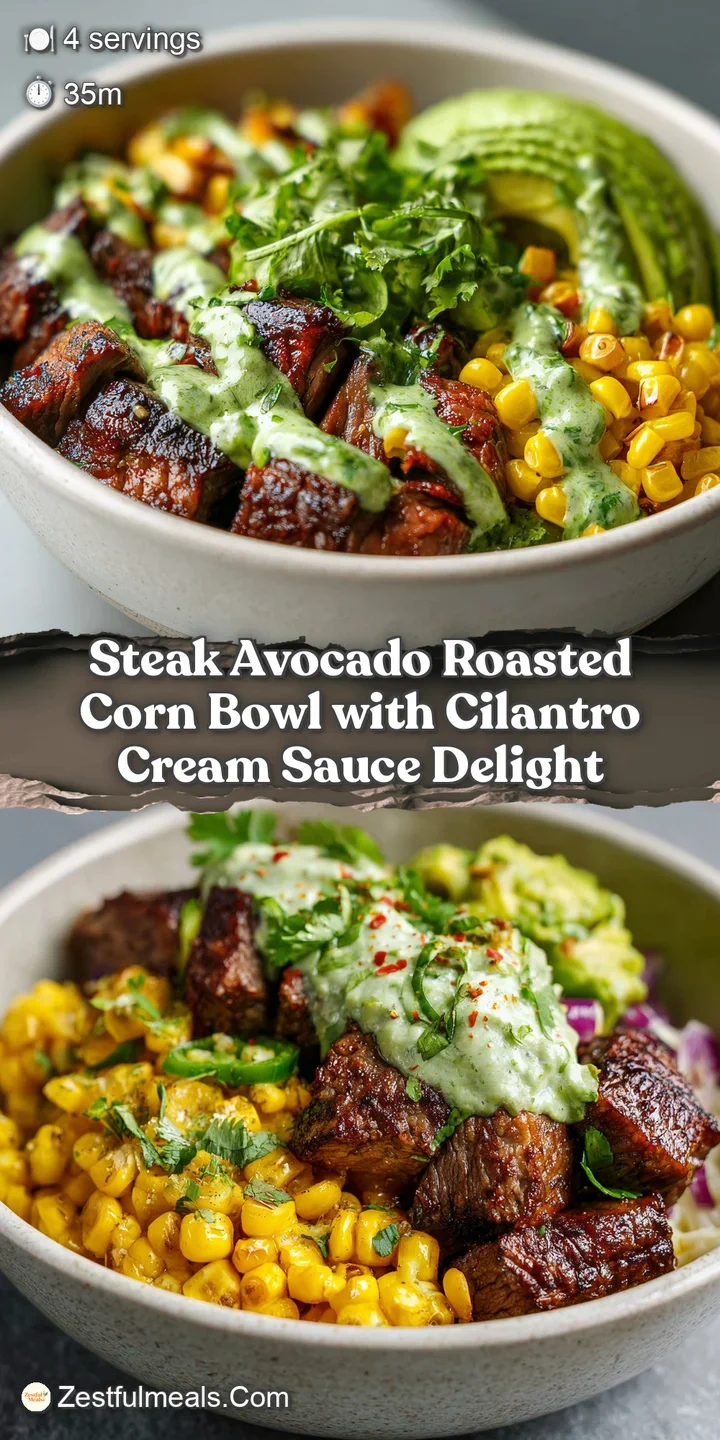 Close-up shot of a steak and avocado bowl. Grill marks accent tender steak atop fluffy rice, with fresh corn and creamy av...