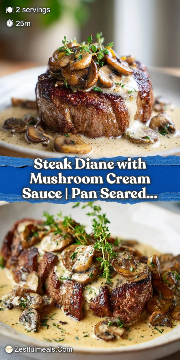 Close-up of a tender steak, glistening with rich, dark sauce, and cream-smothered mushrooms. A truly appetizing and decade...