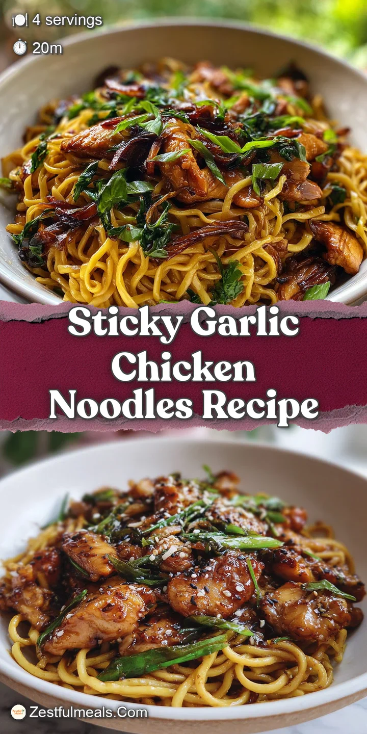 Close-up showcasing the glossy sheen of the sticky garlic sauce coating plump chicken pieces and thick noodles.